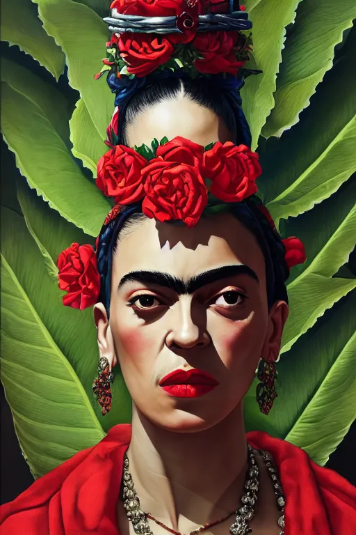 Image similar to rap album cover featuring frida kahlo wearing gangster thug outfit, staring directly into camera, intricate, elegant, dramatic lighting, highly detailed, digital painting, artstation, sharp focus, illustration, art by wlop, mars ravelo and greg rutkowski