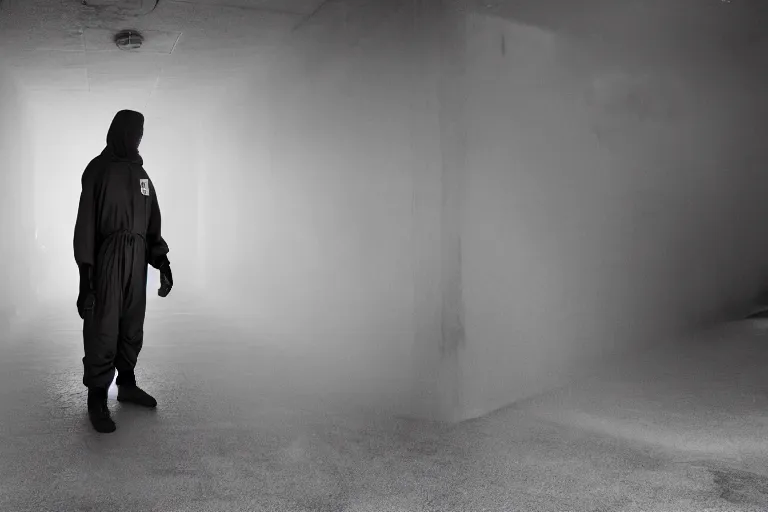 Prompt: a cinematic portrait of a prisoner dressed in a a black and white hazmat suit, in a small prison cell, dust storm, annie leibovitz and zack snyder, 8 k, hd, high resolution, 8 5 mm, red and white color theme, f / 1. 8