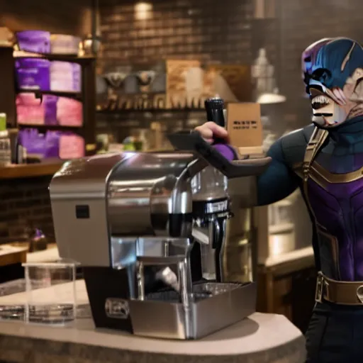 Prompt: film still of Thanos working as a Starbucks barista in the new Marvel movie, 4k