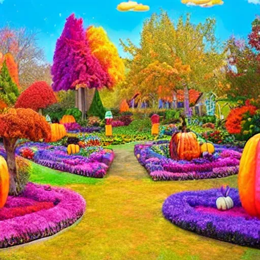 Prompt: Fantastic Vibrant Autumn Fantasy Garden Village Lisa Frank style