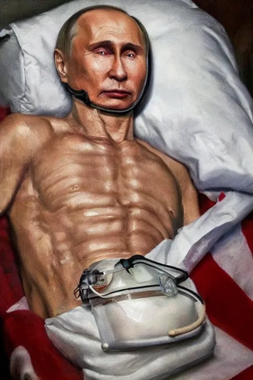 Prompt: a super very hyperrealistic oil painting of ill Vladimir Putin as a patient wearing an oxygen mask on a death bed inhaling from Copium tank that stand near his bed, visible face, oil painting, highly detailed, hyper realistic, volumetric lighting