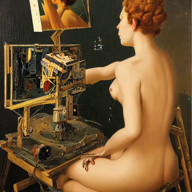 Image similar to robot artist painting a self - portrait on a canvas. intricate, highly detailed, digital matte painting, in the style of alexandros pyromallis, and in the style of hans thoma, and in the style of gil elvgren. irony, recursion, inspiration.