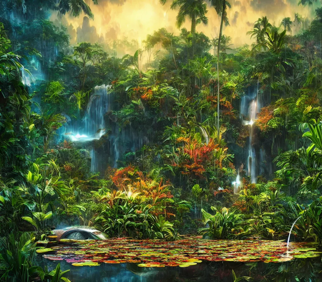 Image similar to detailed fantastic giant lily in a tropical pond by artstation bruce pennington, bas - relief, dark night, neon lights, reflections ray, tracingstar trails, dramatic light, fluffy clouds, digital painting, igh detailed, 8 k render, perfect shape, hyperrealistic