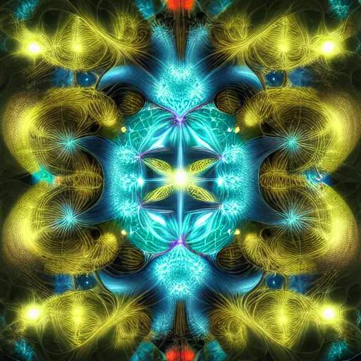 Image similar to lightfull fractal structures by benoit b. mandelbrot, organisms representation, fantasy, connectivity