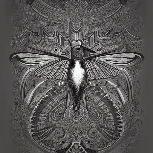 Prompt: very technical and detailed robot hummingbird, Center Frame, intricate details, ultra-detailed, baroque style, illustration, desaturated, concept art