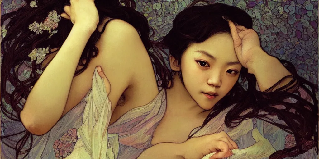 Image similar to a portrait of a very seductive Tang Wei, in the style of WLOP and Alphonse Mucha and Ross Tran, realistic, seductive, closeup, facing the camera, dramatic lighting