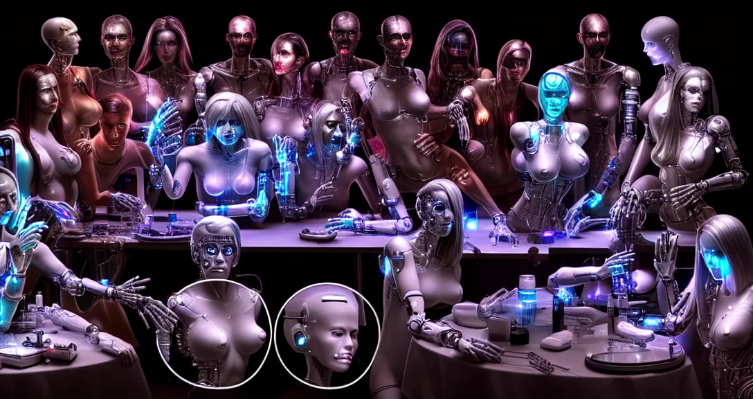 Image similar to beauty, !13 diverse cyborgs on !one_side of a reflective !cybernetic table, !!posing_as_last_supper, inticrate detailed glowing implants, !!highly detailed, dramatic lighting, electrical details, high details, beautiful lighting