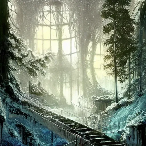 Image similar to stairs leading to a frozen derelict portal in a middle of a snowy lush futuristic forest, lush world seen only through a portal, daylight, cinematic lighting, blue sky, syd mead, john harris
