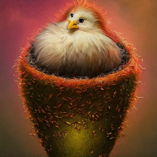 Prompt: long shot of a very fluffy beer chick nesting in a floral cup, esao andrews, by m. w. kaluta, humorous illustration, hyperrealistic, tilt shift, warm colors, night scenery, low light, 3 d octane render, 4 k, volumetric lights, smooth, cosy atmosphere, conceptart, hyperdetailed, trending on deviantart