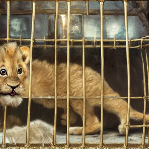 Image similar to panorama of an adorable lion cub in a cage within a medieval fantasy pet store, oil painting, by greg rutkowski