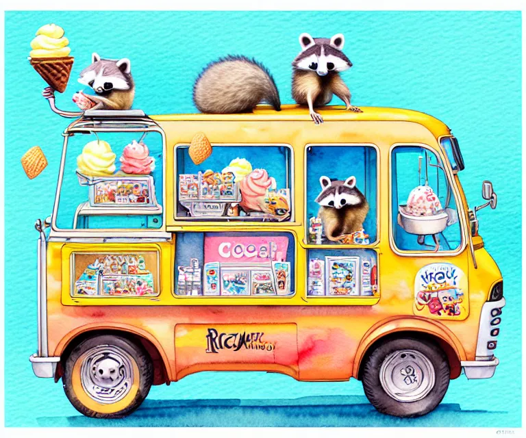 Image similar to cute and funny, racoon riding in a tiny ice cream truck with an oversized engine, ratfink style by ed roth, centered award winning watercolor pen illustration, isometric illustration by chihiro iwasaki, edited by range murata, tiny details by artgerm and watercolor girl, symmetrically isometrically centered, sharply focused