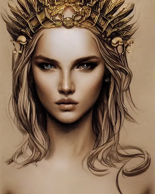 Image similar to tattoo design sketch of cute beautiful blonde super model as aphrodite greek goddess wearing a gold laurel wreath and triangle earrings, beautiful piercing gaze with sharp pupils, in the style of greg rutkowski, fantasy, amazing detail, epic, elegant, smooth, sharp focus, front view