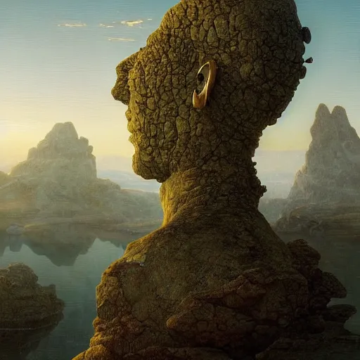 Image similar to David Friedrich, scifi landscape, hyperrealistic surrealism, award winning masterpiece with incredible details, epic stunning, infinity pool, a surreal vaporwave liminal space, highly detailed, trending on ArtStation, artgerm and greg rutkowski and alphonse mucha, daily deviation, IAMAG, broken giant marble head statue ruins, golden hour