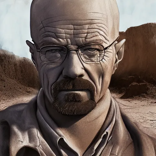 Prompt: professional fantasy art of walter white who crafts a statue of jesse pinkman from clay and dust, professional art, horror art, matte painting, zdislaw beksinski, volumetric lighting, unreal engine 5, very detailed art