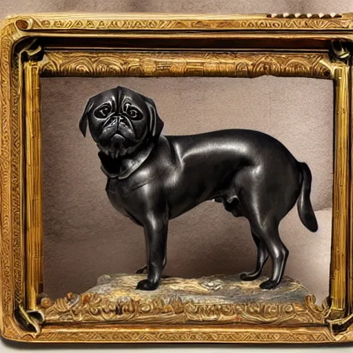 Image similar to photo of pugalier dog sculpture, by caravaggio, immense detail, intricate background