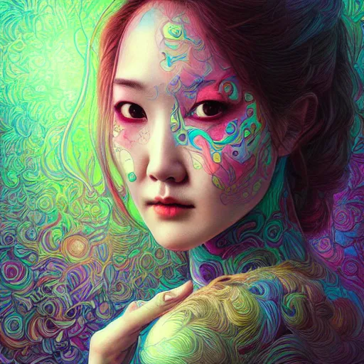 Prompt: portrait of park min young, hyper detailed masterpiece, neon floral pattern, jean giraud, digital art painting, darkwave goth aesthetic, psychedelic, artgerm, donato giancola and tom bagshaw