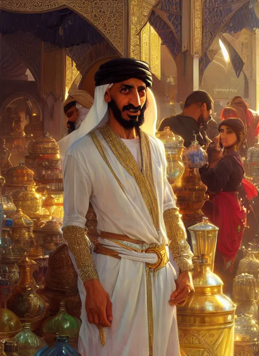 Image similar to an arabian man in the market, shiny, fantasy, intricate, elegant, hyper detailed, ultra definition, photoreal, artstation, unreal engine rendered, concept art, smooth, sharp focus, illustration, art by artgerm and greg rutkowski and alphonse mucha and garis edelweiss