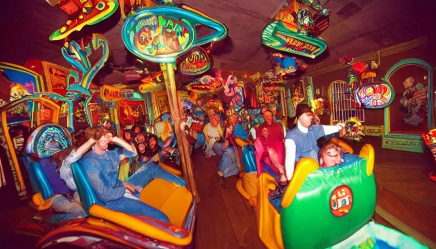 Prompt: 1990s photo of inside the Crazy Joe's Mystery House Show ride at Universal Studios in Orlando, Florida, riding Joe's head through Joe's funny happy world dreams, cool lights, cinematic, UHD