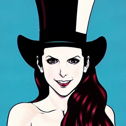 Image similar to beautiful Anna Kendrick Zatanna DC Comics on stage, wearing a top hat, symmetrical face symmetrical eyes, beautiful smile, intricate details, atmospheric, art by eiichiro oda, Joshua Middleton art