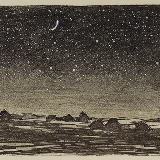 Image similar to by gerhard munthe tired, ghastly. a beautiful drawing featuring a night sky filled with stars, & a small town in the distance. the drawing is very peaceful & calming