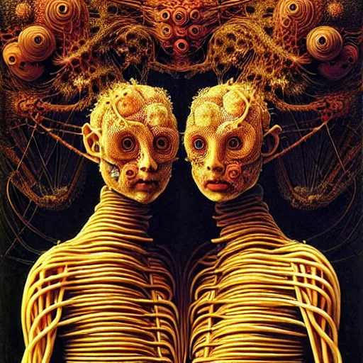 Image similar to siamese twins made of spaghetti, intricate armor made of spaghetti fractals, ancient warrior, samurai style, by giuseppe arcimboldo and ambrosius benson, renaissance, intricate and intense oil paint, a touch of beksinski, realistic