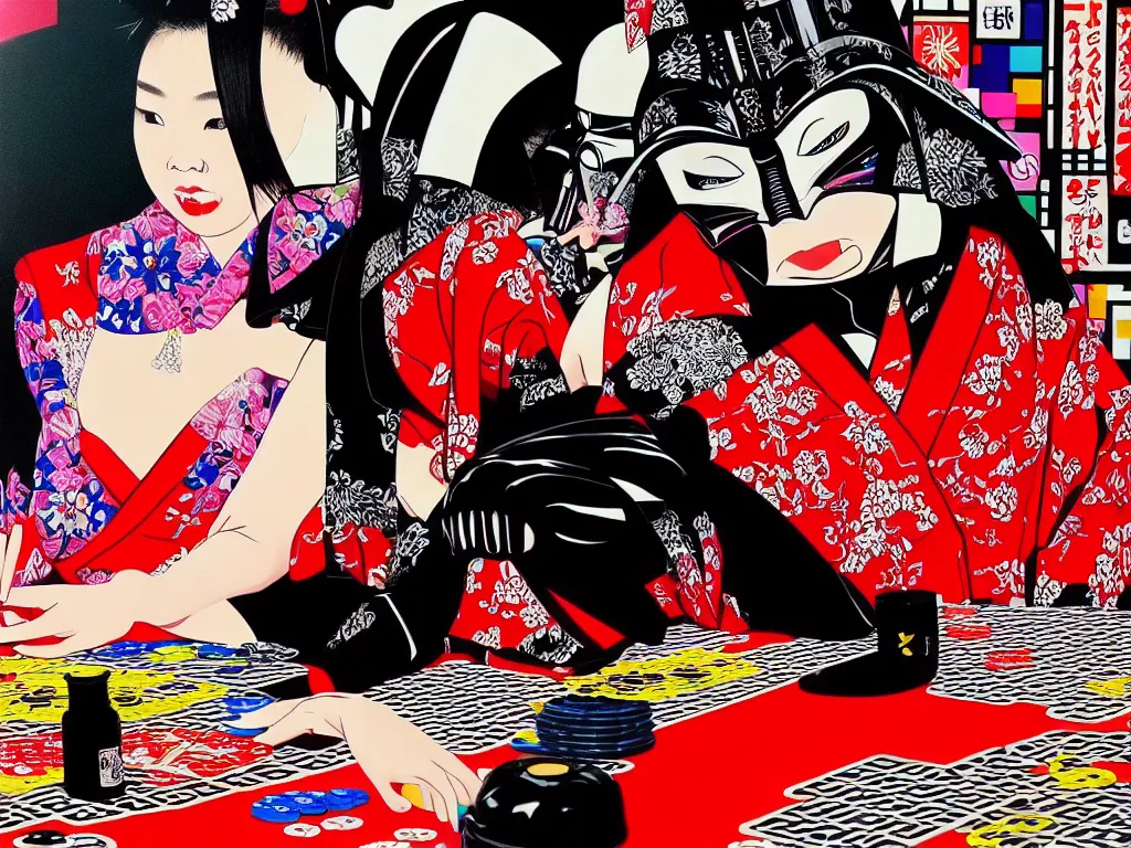 Image similar to hyperrealism composition of the detailed woman in a japanese kimono sitting at an extremely detailed poker table with darth vader, fireworks and folding screen on the background, pop - art style, jacky tsai style, andy warhol style, acrylic on canvas