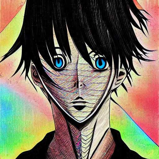 Prompt: surreal anime boy drawing, by junji ito, pixiv, digital art, glitch art