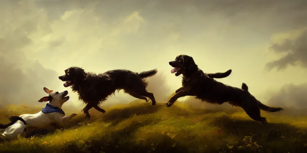 Prompt: two dogs fighting in a field, greek mythology, extremely detailed digital painting, in the style of goya and ruan jia and jeremy lipking and peter mohrbacher, mystical colors, rim light, beautiful lighting, 4 k, stunning scene, raytracing, octane, trending on artstation