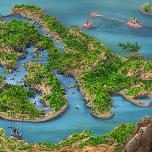 Image similar to Large port on the shore of the island with the jungle, 8k, detailed, concept art, trending on artstation