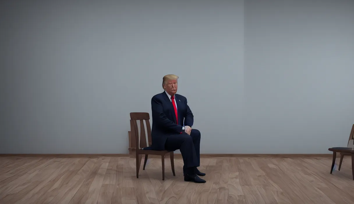 Image similar to Donald Trump sitting on a wooden chair in an empty room, stunning photo, cinematic lighting, perfect, 8K, ultra-detailed , Trending on artstation, Octane render, Unreal Engine, highly detailed,