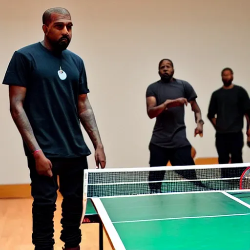 Image similar to kanye west playing table tennis against a clone of himself