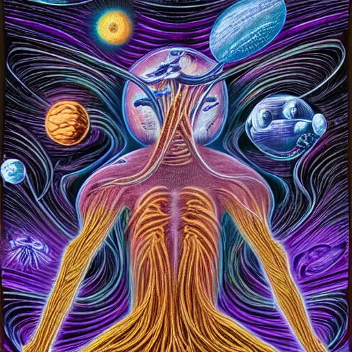 Image similar to krakken battling the spaghetti monster in outer space imagined by alex grey