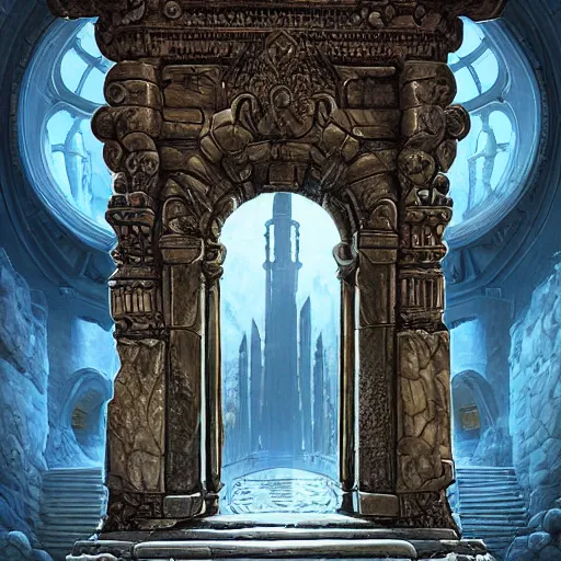 Image similar to carved futuristic door at the end of ancient ornate steps shows a large window to a city detailing the vast architectural scientific ancient and cultural acheivements of humankind, magical atmosphere, jorge jacinto, andreas rocha, damian kryzwonos, ede laszlo, christian reiske, trending on artsation, digital art, cinematic blue gold