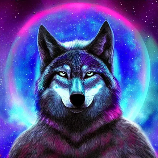 Image similar to Doctor Manhattan as a wolf meditating in outer space, stars, artstation, digital art, spiritual, award winning, colourful