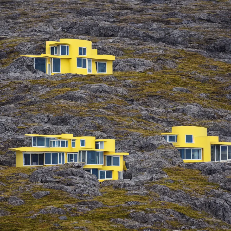 Prompt: a mid-century modern house on top of a cliff in the arctic, designed by Frank Gehry, with a long pathway toward it. Big tiles. Film grain, cinematic, yellow hue