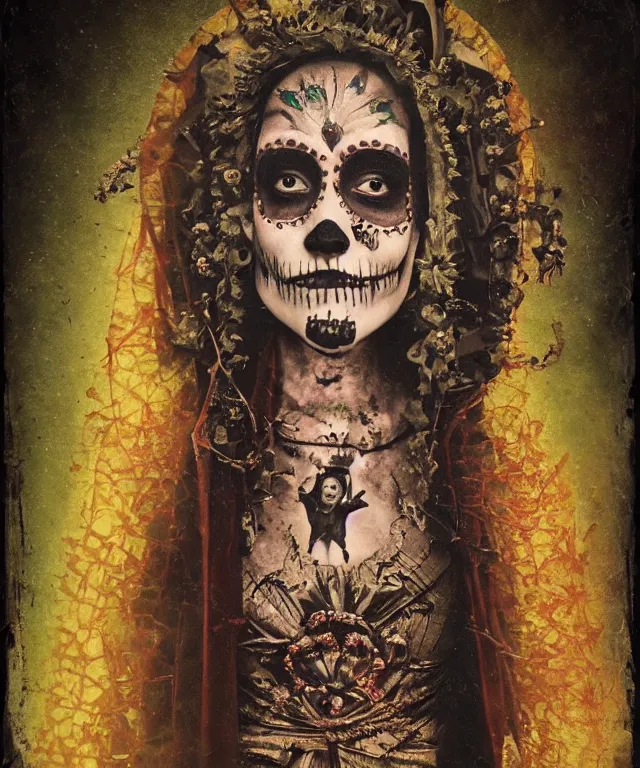 Prompt: tintype virgin mary in dia de muertos dress and make up, horrific beautiful vibe, evocative, atmospheric lighting, painted, intricate, highly detailed, leesha hannigan, wayne haag, reyna rochin, ignacio fernandez rios, mark ryden, iris van herpen, artstation, cgsociety