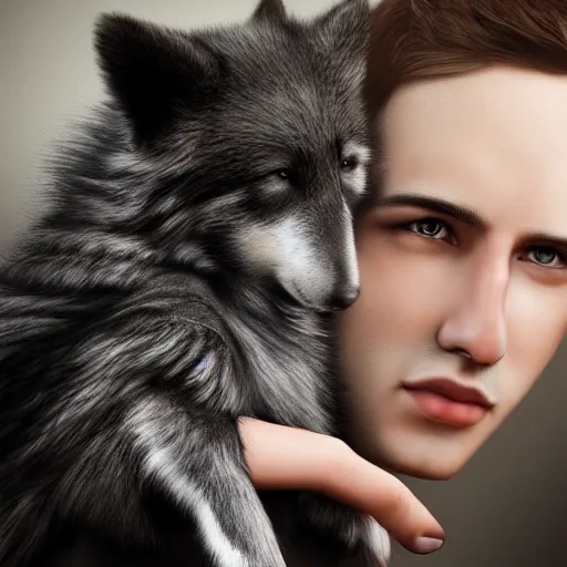 Image similar to photorealistic portrait of beautiful young man holding a cute pet wolf puppy with black fur, ultra intricate, 4 k, detailed, stunning, aesthetic, trending on artstation