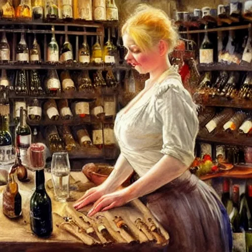 Image similar to hot blonde working in a wine cellar, food, pork, beer, schnapps, rustic, traditional, torches on the wall, watercolor by vladimir volegov and carl larsson