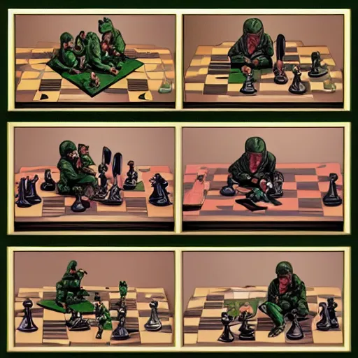 Prompt: two generals playing chess with toy army men, artwork by moebius, artgerm and artstation