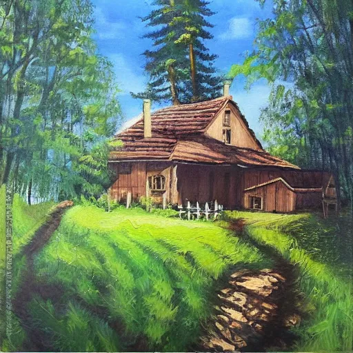 Image similar to house in the countryside on a sunny day, forest, realistic, detailed, peaceful, brush strokes, oil painting
