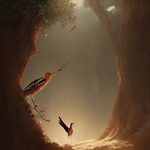 Prompt: hoopoe with open crest in avila pinewood, 4 k, concept art, by wlop, ilya kuvshinov, artgerm, krenz cushart, greg rutkowski, pixiv. cinematic dramatic atmosphere, sharp focus, volumetric lighting, cinematic lighting, studio quality