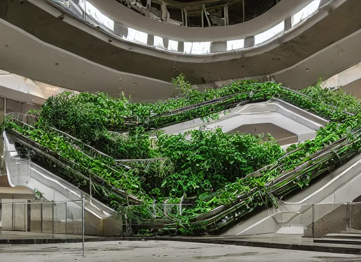 Prompt: an escalator in an abandoned mall in the 1 9 8 0 s, taken over by nature, covered in vines, dream pool, white ceramic tiles