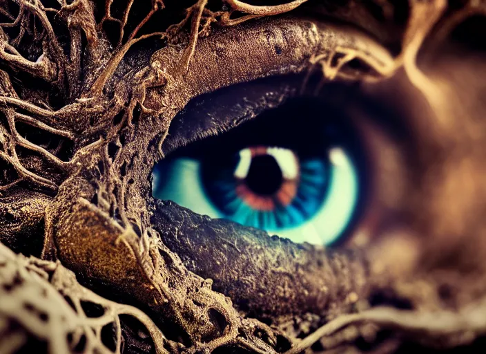 Prompt: photo of an eye wrapped in roots underground. Fantasy magic style. Highly detailed 8k. Intricate. Nikon d850 55mm. Award winning photography.