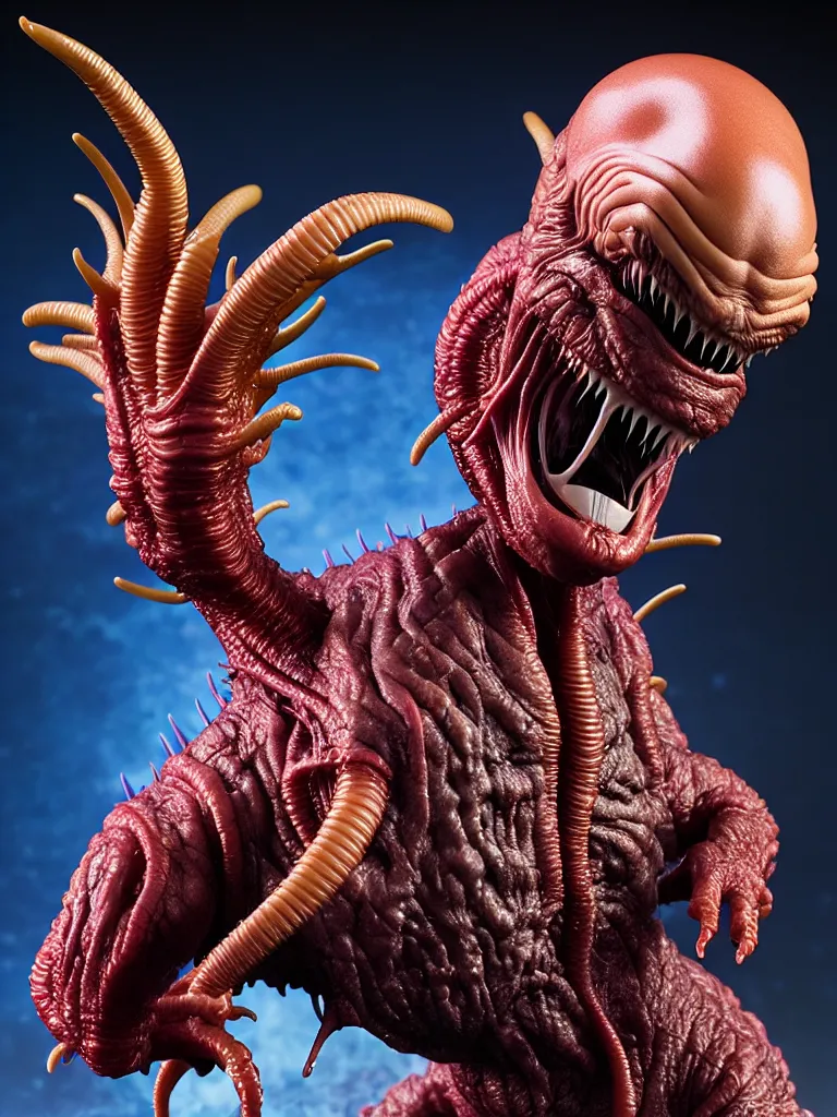 Image similar to hyperrealistic rendering fat smooth of john carpenter's the thing alien by bernie wrightson and killian eng and joe fenton, product photography, action figure, sofubi, studio lighting, colored gels, colored background
