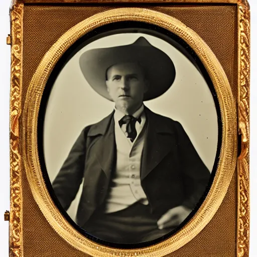 Prompt: White man with comically large cowboy hat daguerreotype