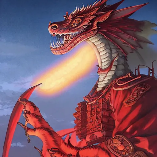 Image similar to Stunning Portrait of A Red dragon flying above a Feudal Japan temple, during a fire works festival at night by Kim Jung Gi, Blizzard Concept Art Studio Ghibli. oil paint. 4k. by brom, Pixiv cute anime girl wearing police gear by Ross Tran, Greg Rutkowski, Mark Arian, soft render, octane, highly detailed painting, artstation