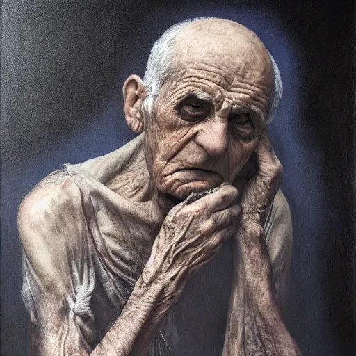 Prompt: pain and old age, dark, painting