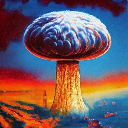 Image similar to nuclear mushroom cloud, fall of rome, epic painting