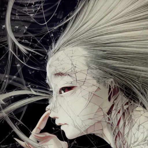 Image similar to Yoshitaka Amano realistic illustration of an anime girl with white hair and cracks on her face wearing dress suit with tie fluttering in the wind, abstract black and white patterns on the background, noisy film grain effect, highly detailed, Renaissance oil painting, weird portrait angle