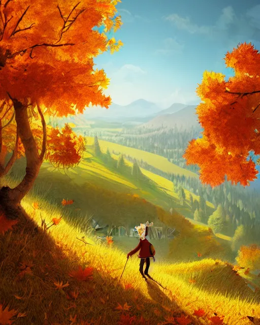 Prompt: autumn hillside boy hiking illustration detailed, by quentin mabille